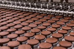 Rows of chocolate cupcakes come down food production line at the Tastykake Baking facility in Philadelphia, PA.