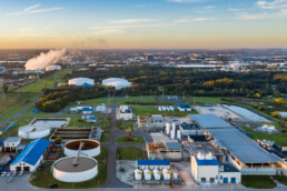 Aerial industrial landscape photo Tampa Bay area regional Surface Water Treatment Plant in Pinellas County, Fl at sunrise.